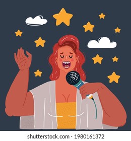 Cartoon vector illustration of woman sings into the mic song and star around her. Character on dark background.