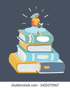 Cartoon vector illustration of woman sitting on pile of book and reading. Courses, studying, self education, digital library. Young student character on dark background.