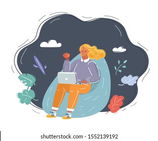 Cartoon vector illustration of woman sitting in bean bag with laptop and eating apple on dark background.