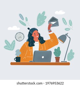 Cartoon vector illustration of woman sitting at the desk. Hand pressing e-mail symbol on white background.