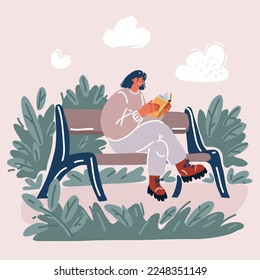 Cartoon vector illustration of woman sitting on bench and reading book in park