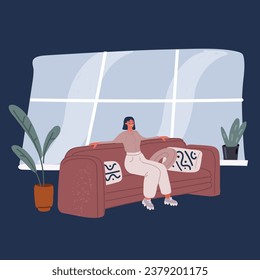 Cartoon vector illustration of woman is sitting on the couch at the break time over dark backround