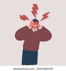 Cartoon vector illustration of woman sitting at home and closing ears by hands. Too much information noise as reason of problem with mental healt. Woman with headache