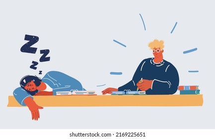 Cartoon vector illustration of woman slee and man study at desk