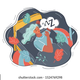 Cartoon vector illustration of Woman Sleeping in her bed. Night snuffling. Close view person.