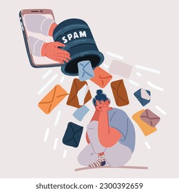 Cartoon vector illustration of woman and spam of internet in her smartphone
