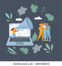 Cartoon vector illustration of woman speaker holding megaphone laptop and attracts attention of people. Advertising and teamwork concept. remote management. Character on dark background.