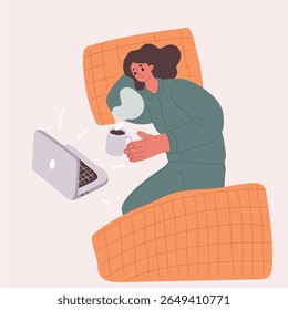 Cartoon vector illustration of woman spending all day off in bed with laptop and mug of coffee, watching series and shows.