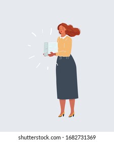 Cartoon vector illustration of woman with stack of paper in her hands. Office character