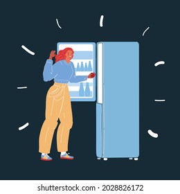 Cartoon Vector Illustration Of Woman With Stand By Open Empty Fridge At Night