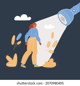 Cartoon vector illustration of woman stand in flashlight, searching, choice concept on dark backround.