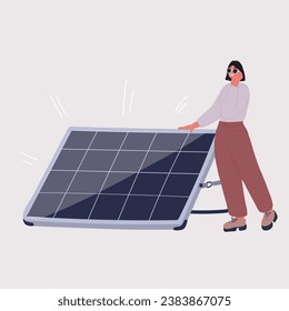 Cartoon vector illustration of woman stand near solar panel power.