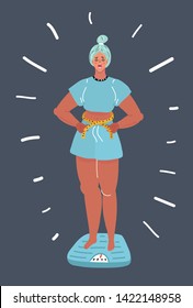 Cartoon vector illustration of woman standing on scale and measures her waist on dark background.