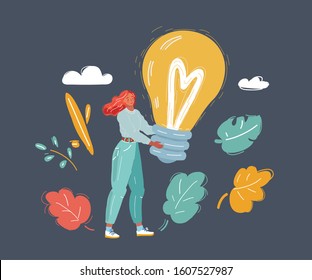 Cartoon vector illustration of woman standing with big bulb in her hand on dark background.
