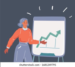 Cartoon vector illustration of woman standing at flip chart on dark background.