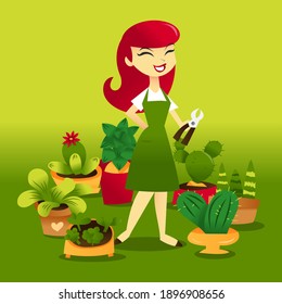 A cartoon vector illustration of woman standing around a group of cactuses and plants on a green background.