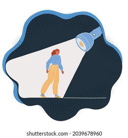 Cartoon vector illustration of woman standing in light on dark backround.