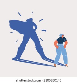 Cartoon vector illustration of woman standing and Superhero shadow behind her.