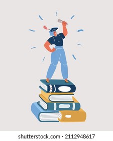 Cartoon vector illustration of Woman standing on pile of books in graduated hat with diploma in her hand