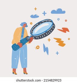 Cartoon vector illustration of woman standing with giant magnifier. Search for real estate or people or ideas