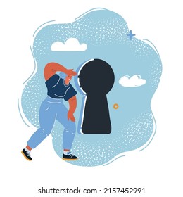 Cartoon vector illustration of woman standing in front of keyhole. Female looks at open opportunities.