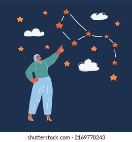 Cartoon vector illustration of woman standing way and pointing on a bright stars. ?onstellations on the stars over dark backround