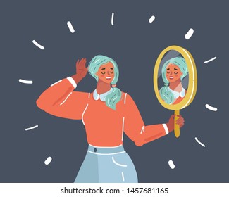 Dibujo vectorial de una mujer mirando su reflejo en un espejo. El espejo muestra una cara encantadora. Amor, confianza y concepto propios. Cara humana en la oscuridad.