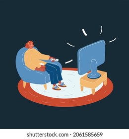 Cartoon vector illustration of woman stay home sitting on couch watching TV series show movie on dark backround.