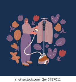 Ilustração vetorial de desenhos animados de mulheres vaporando roupas no cabide. Mulher com roupas de limpeza a vapor Senhora usando vapor elétrico, vestida casualmente, em casa sobre fundo escuro