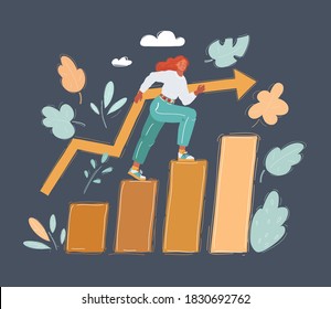 Cartoon vector illustration of woman step on success. Level degrees. Increase skill level of character on dark background.