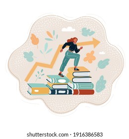 Cartoon vector illustration of woman step on pile of books. Education and student concept.
