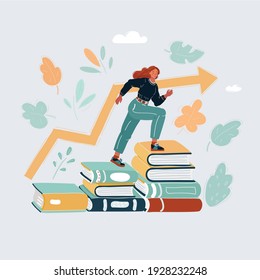 Cartoon vector illustration of woman step over higher stack of books. Business education concept