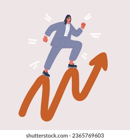 Cartoon vector illustration of woman step on Career growth, growing business or leadership to overcome challenge, career development or ambition, confidence businesswoman walking up growth arrow