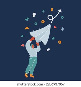 Cartoon vector illustration of Woman strarting paper plane. Freedom concept over dark backround