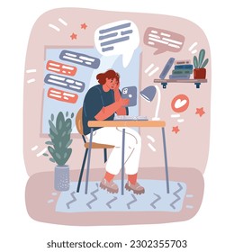 Cartoon vector illustration of woman study at the desk at home