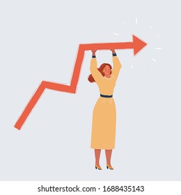 Cartoon vector illustration of woman support line on the chart and does not allow the arrow to go down. Woman on white background.