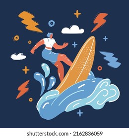 Cartoon vector illustration of woman surfing on the waves over dark backround.