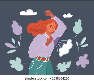 Cartoon vector illustration of Woman sweating very badly under armpit. Human character on dark background.