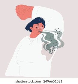 Cartoon vector illustration of Woman sweating very badly under armpit. Concerned woman by Bad smelling