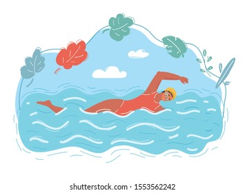 Cartoon vector illustration of woman swimmer swim in wave.