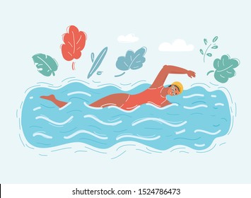 Cartoon vector illustration of woman swimming in pool. Watersport.