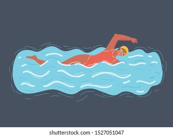 Cartoon vector illustration of Woman swimming in pool smiling. Young female swimmer with swim goggles at holiday resort.