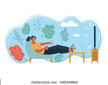 Cartoon vector illustration of Woman switching channels on TV set. Human character lay on sofa in the evening and look at the screen.