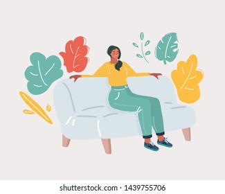 Cartoon vector illustration of woman take rest on sofa. Procrastination, rest, after a working day, vacation.