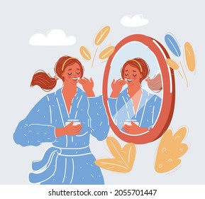 Cartoon vector illustration of woman take care of him skin in front of the mirror on white backround.
