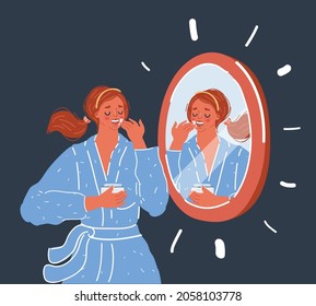 Cartoon vector illustration of woman take care of her skin in front of the toilet mirror.