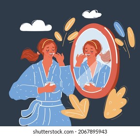 Cartoon vector illustration of woman take care of her skin, standing infrount of mirorr on dark backround.