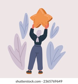 Cartoon vector illustration of woman Take a Star from Sky, Person to Achieve Goal or Dream. Man Ascend by Stairs to Success, Leadership, Achievement Concept. Rear view.