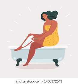 Cartoon vector illustration of a woman taking a bath and shaving her legs, sits on the edge of the bathroom. Human character on white background.