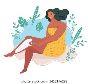 Cartoon vector illustration of a woman taking a bath and shaving her legs, sits on the edge of the bathroom. Human character on white background.